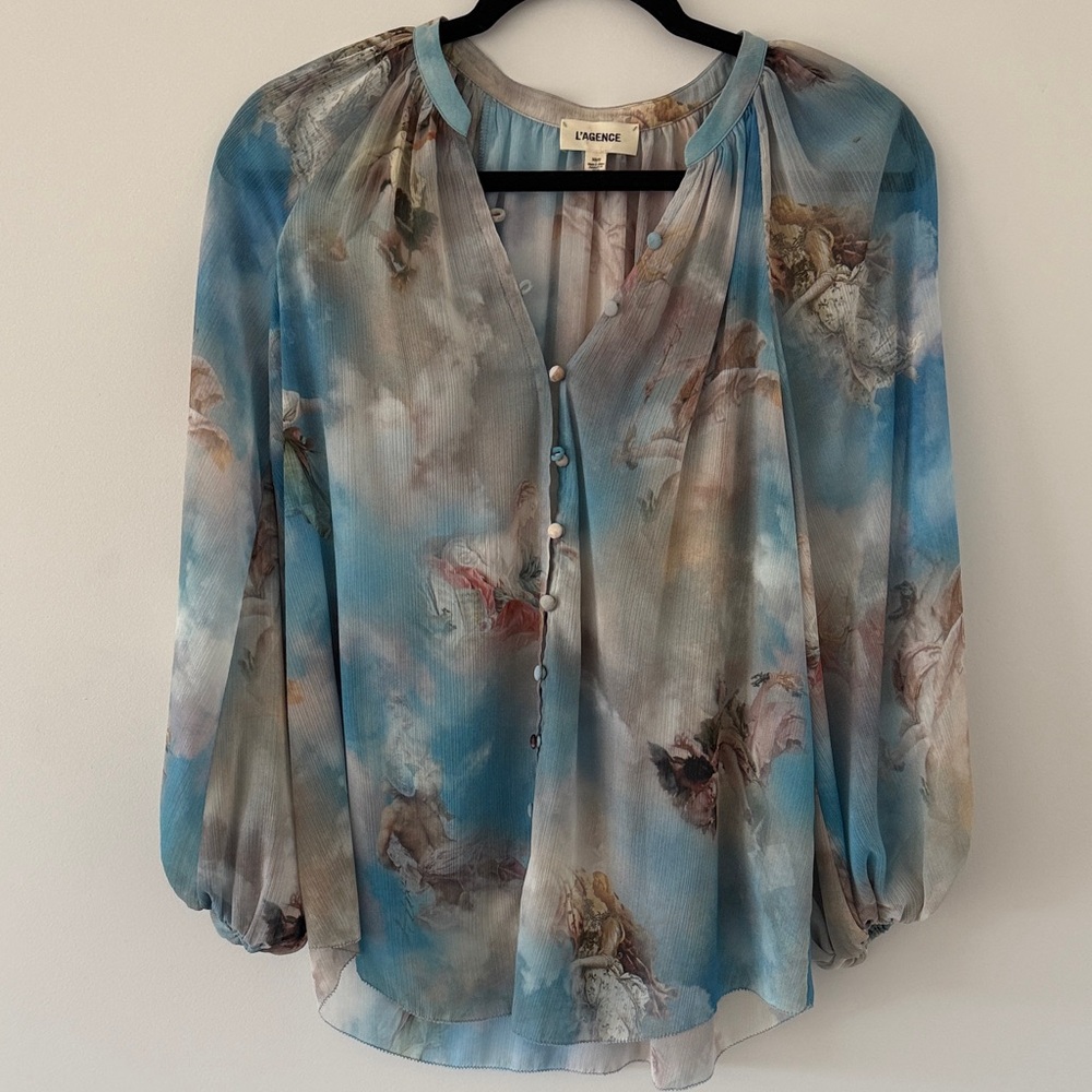 L'AGENCE Blue and Cream Artistic Blouse